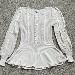 Ophelia Roe Cream Cable Knit Peplum Sweater, Size Medium